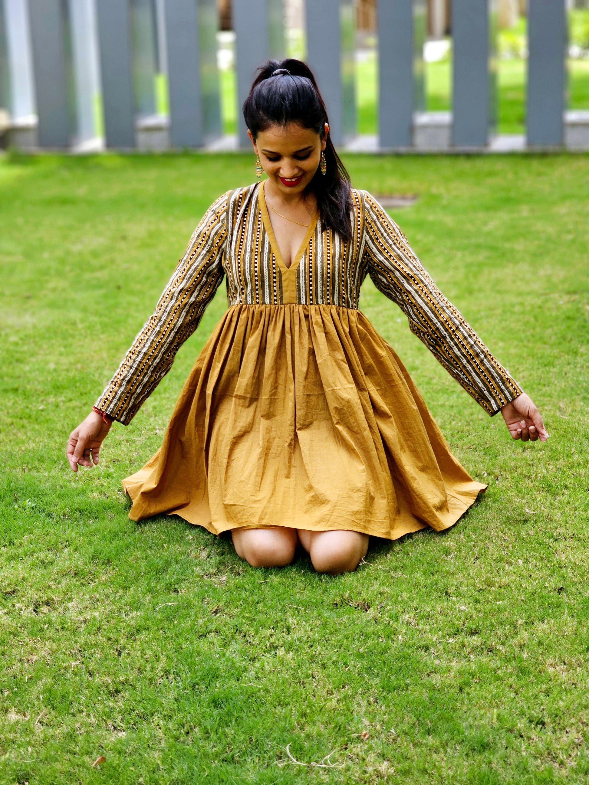 WOMEN HAND BLOCK MUSTARD PRINT SHORT DRESS