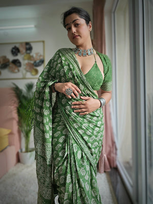 WOMEN GREEN HAND BLOCK BAGRU PRINT MULMUL SAREE