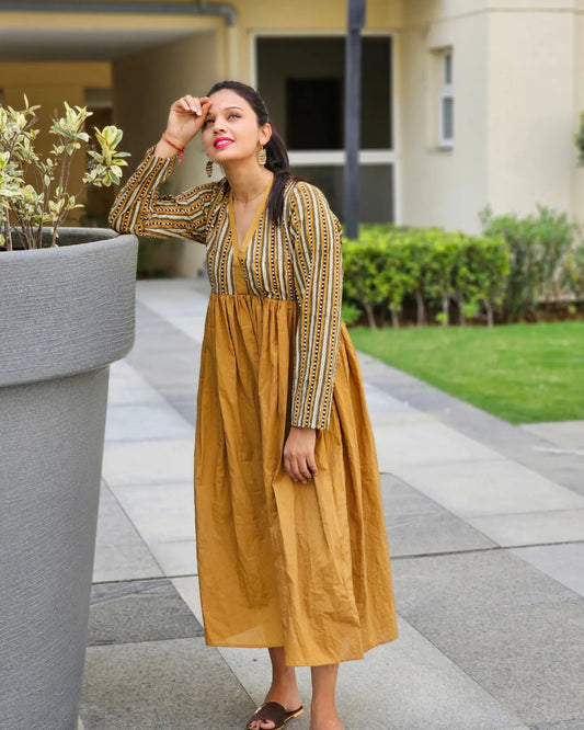 WOMEN HAND BLOCK MUSTARD PRINT MAXI DRESS