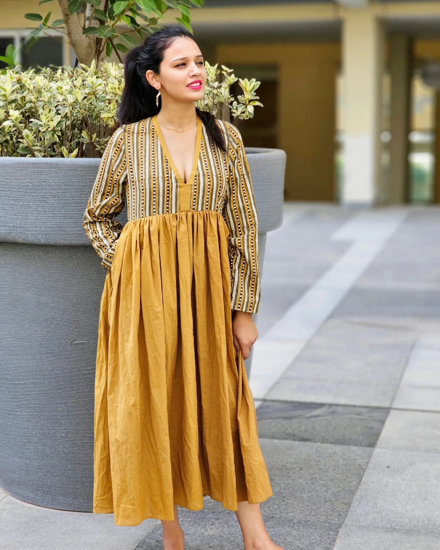 WOMEN HAND BLOCK MUSTARD PRINT MAXI DRESS