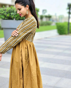 WOMEN HAND BLOCK MUSTARD PRINT MAXI DRESS