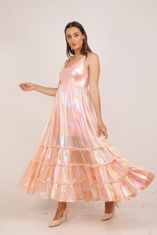 WOMEN PEACH SHIMMER FLARED MAXI DRESS