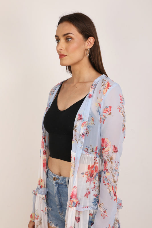 WOMEN DUAL TONE MULTI FLORAL FLARED SHRUG