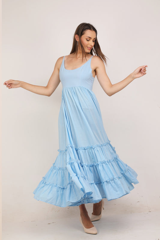 WOMEN LIGHT BLUE FLARED MAXI DRESS