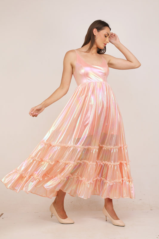 WOMEN PEACH SHIMMER FLARED MAXI DRESS