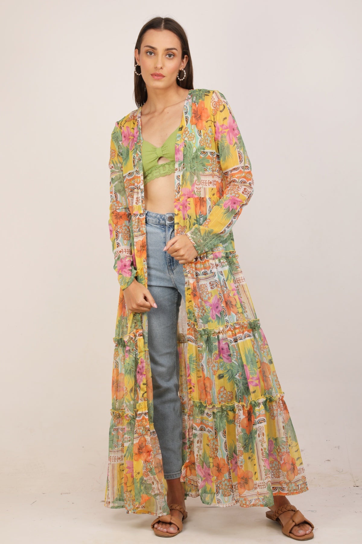 WOMEN MULTI FLORAL YELLOW POP FLARED SHRUG