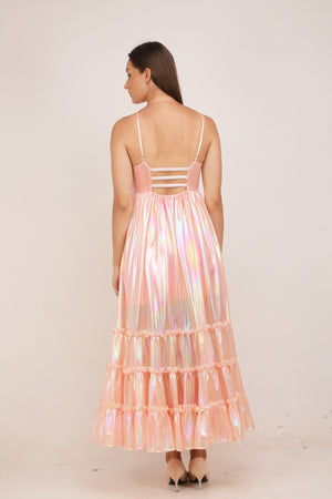 WOMEN PEACH SHIMMER FLARED MAXI DRESS