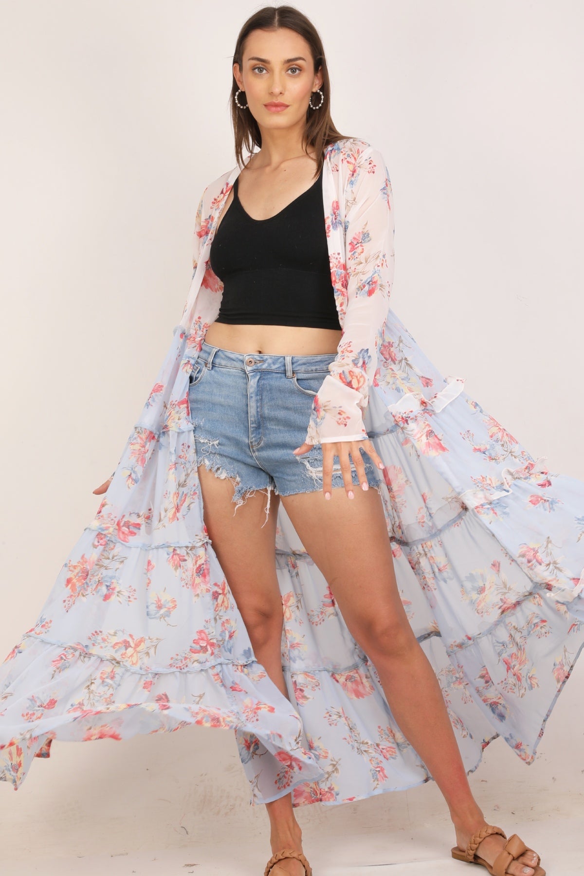 WOMEN DUAL TONE MULTI FLORAL FLARED SHRUG