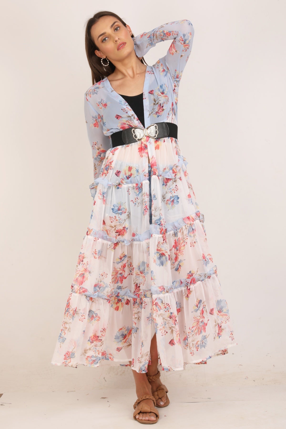 WOMEN DUAL TONE MULTI FLORAL FLARED SHRUG