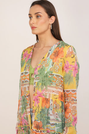 WOMEN MULTI FLORAL YELLOW POP FLARED SHRUG