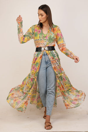 WOMEN MULTI FLORAL TURQUISE POP FLARED SHRUG