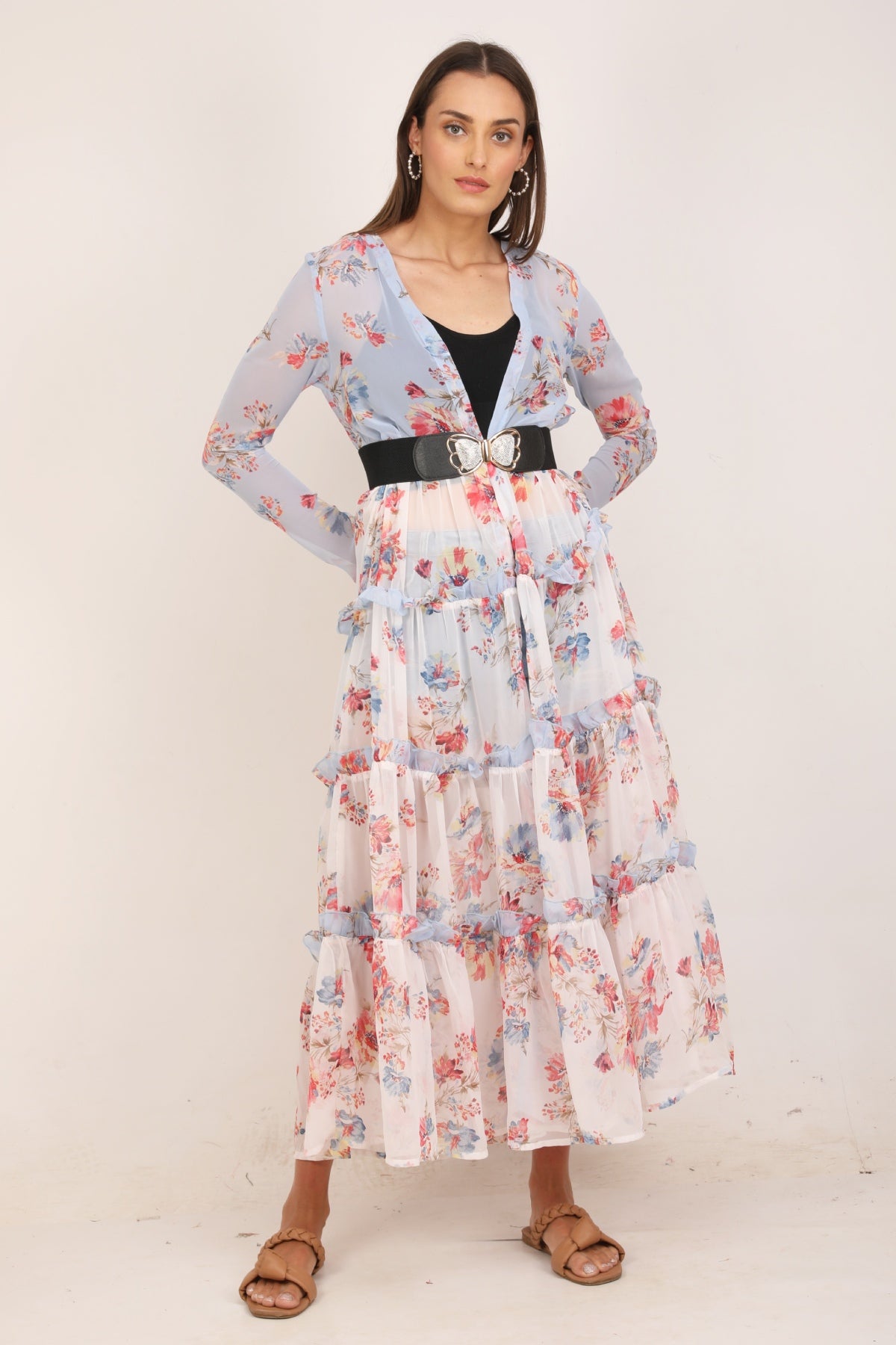 WOMEN DUAL TONE MULTI FLORAL FLARED SHRUG