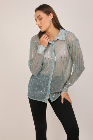 WOMEN MINT SHEER OVERSIZED SHIRT