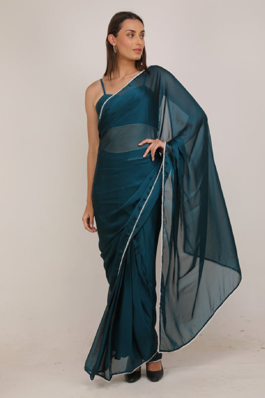 WOMEN TEAL PRE STITCHED SAREE