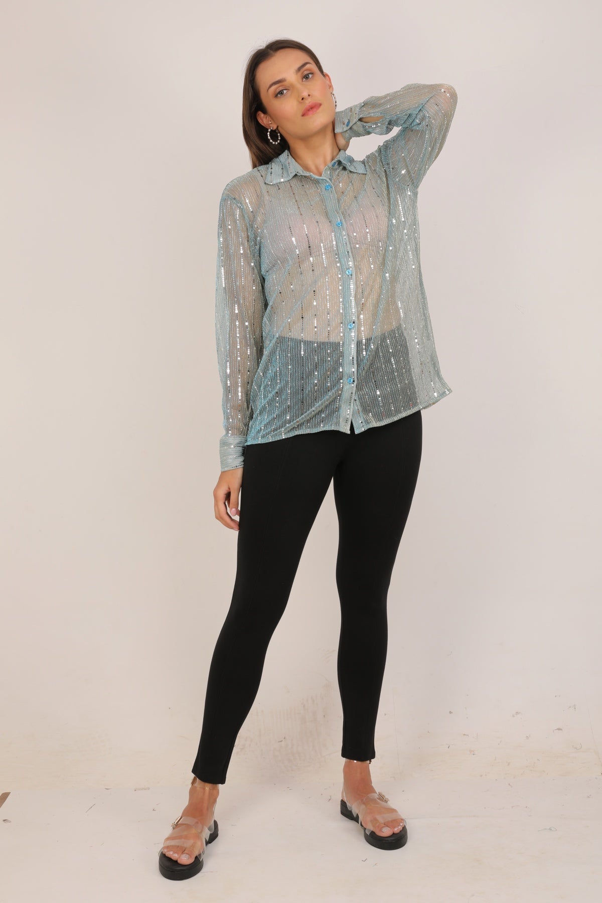 WOMEN MINT SHEER OVERSIZED SHIRT