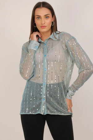 WOMEN MINT SHEER OVERSIZED SHIRT