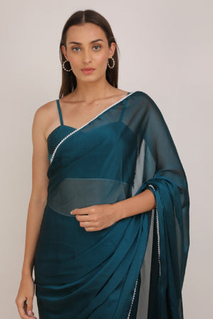 WOMEN TEAL PRE STITCHED SAREE