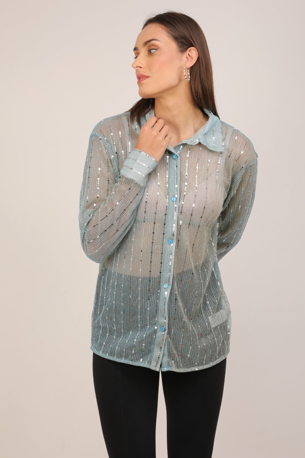 WOMEN MINT SHEER OVERSIZED SHIRT