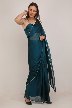 WOMEN TEAL PRE STITCHED SAREE