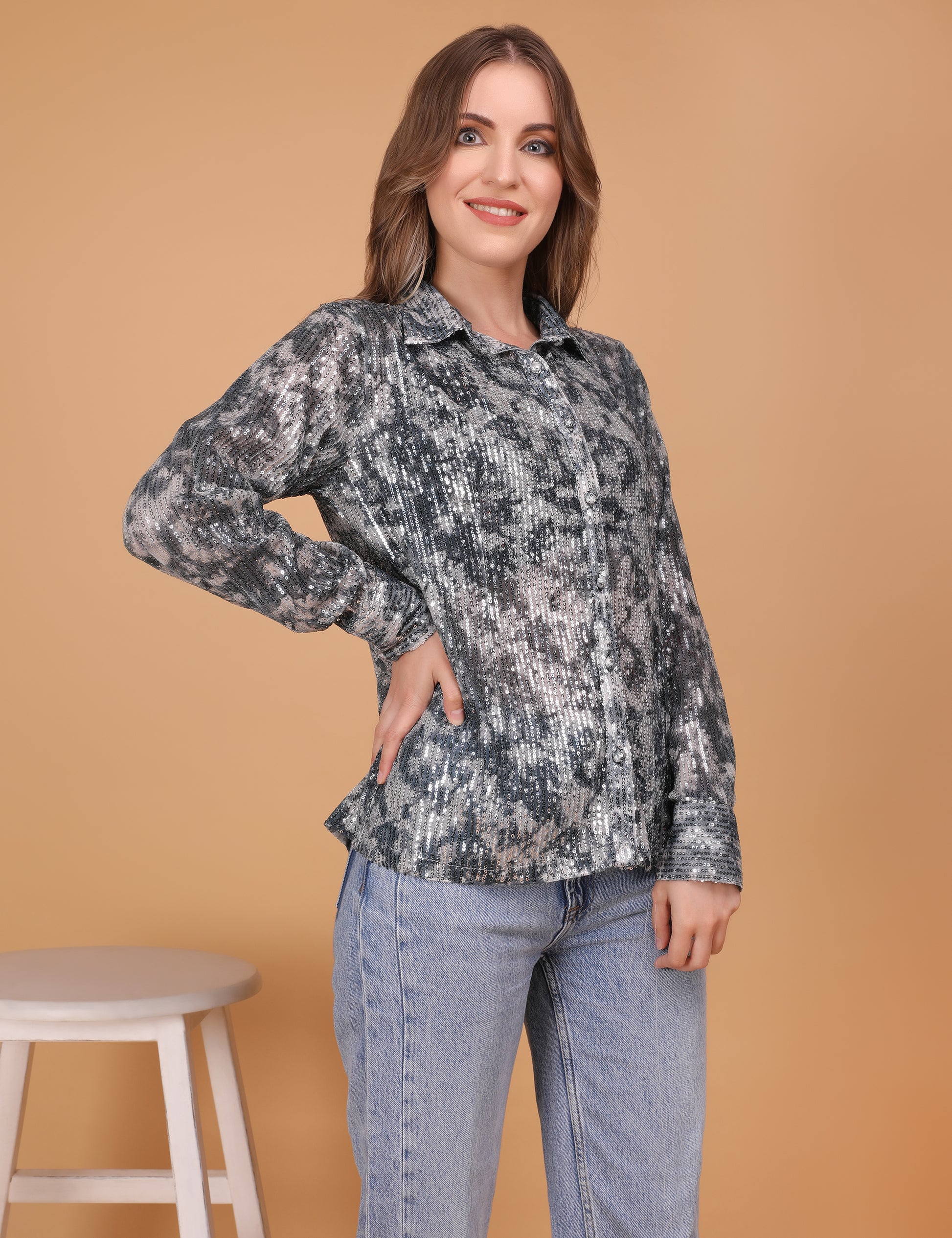 WOMEN MULTI-SEQUINNED SHIRT