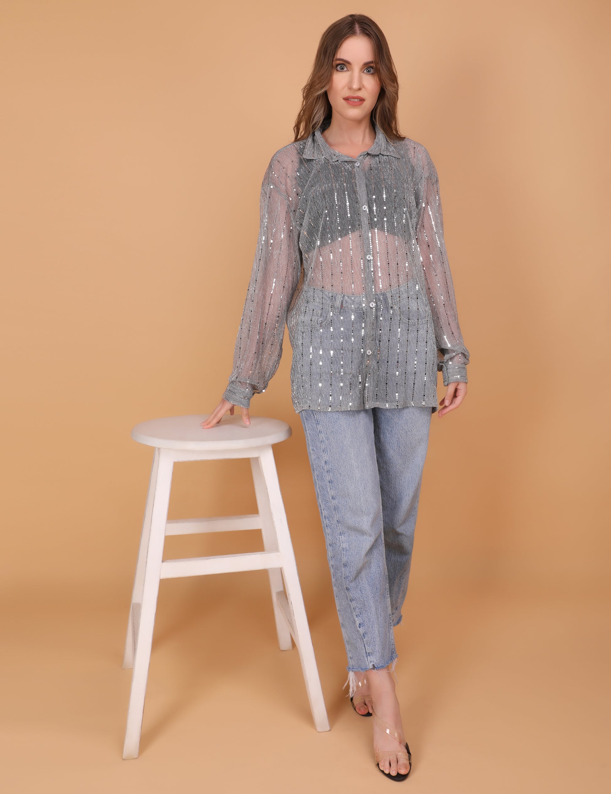 WOMEN GREY SHEER OVERSIZED SHIRT