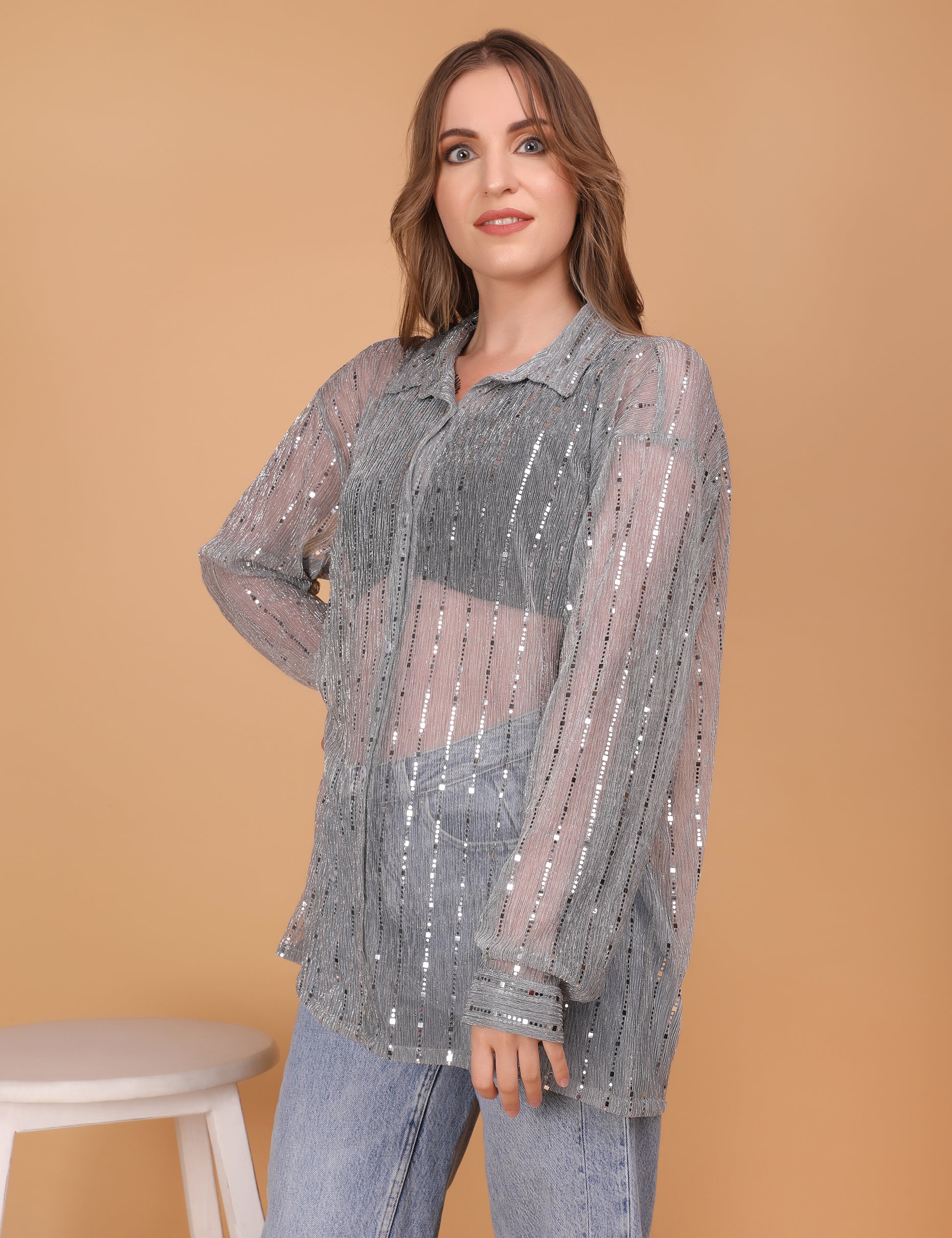 WOMEN GREY SHEER OVERSIZED SHIRT