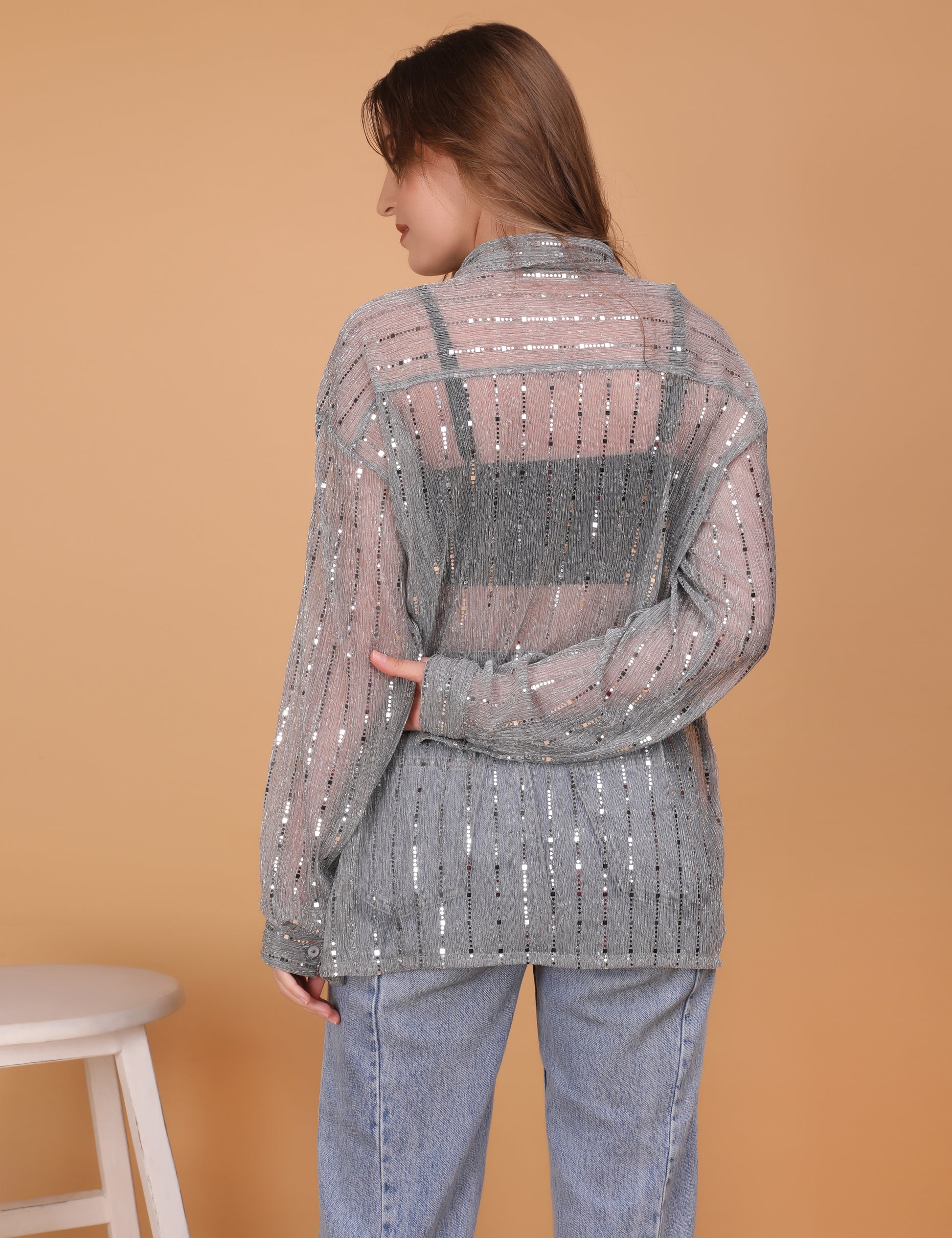 WOMEN GREY SHEER OVERSIZED SHIRT