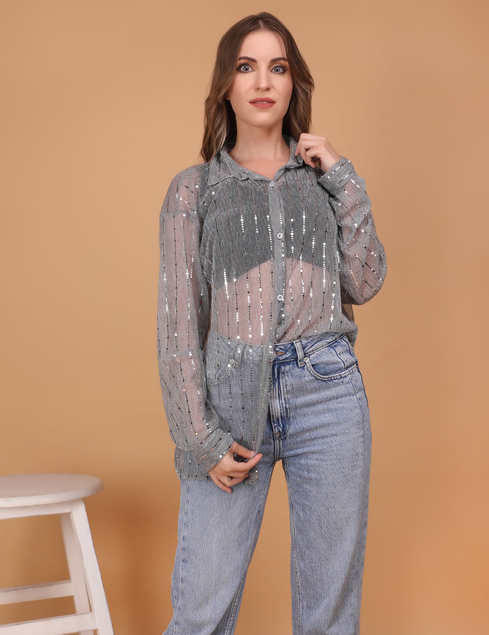 WOMEN GREY SHEER OVERSIZED SHIRT