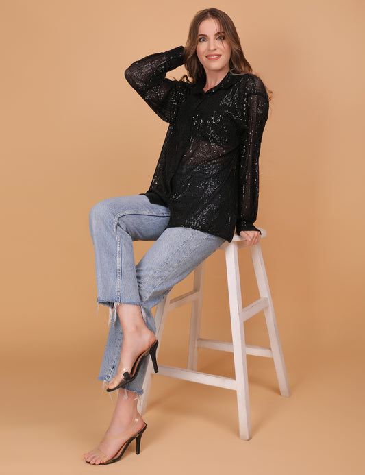 BLACK SEQUINNED SHEER OVERSIZED SHIRT