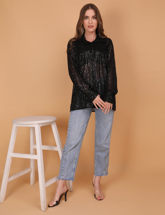 BLACK SEQUINNED SHEER OVERSIZED SHIRT