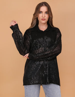 BLACK SEQUINNED SHEER OVERSIZED SHIRT