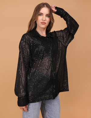 BLACK SEQUINNED SHEER OVERSIZED SHIRT