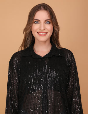 BLACK SEQUINNED SHEER OVERSIZED SHIRT