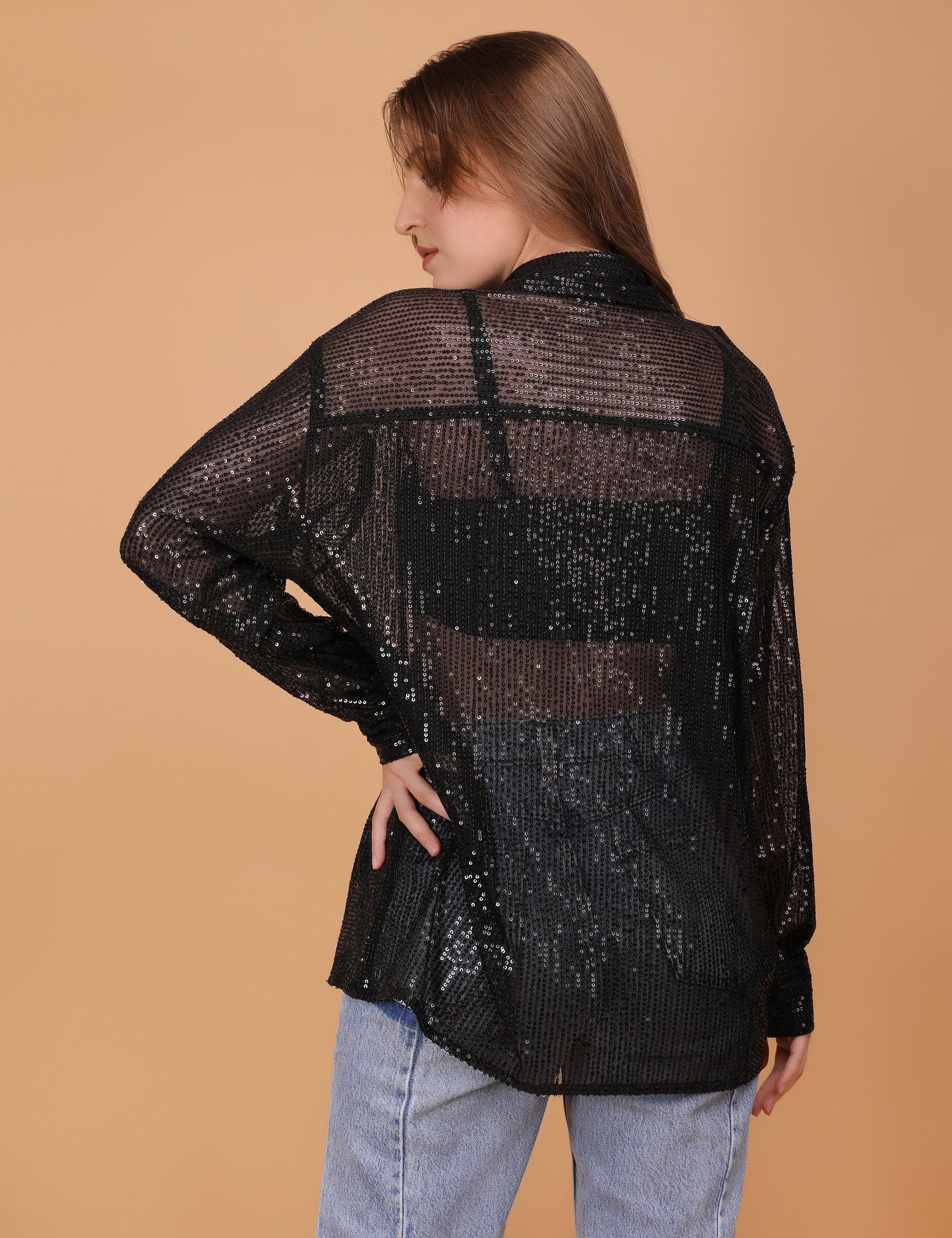 BLACK SEQUINNED SHEER OVERSIZED SHIRT