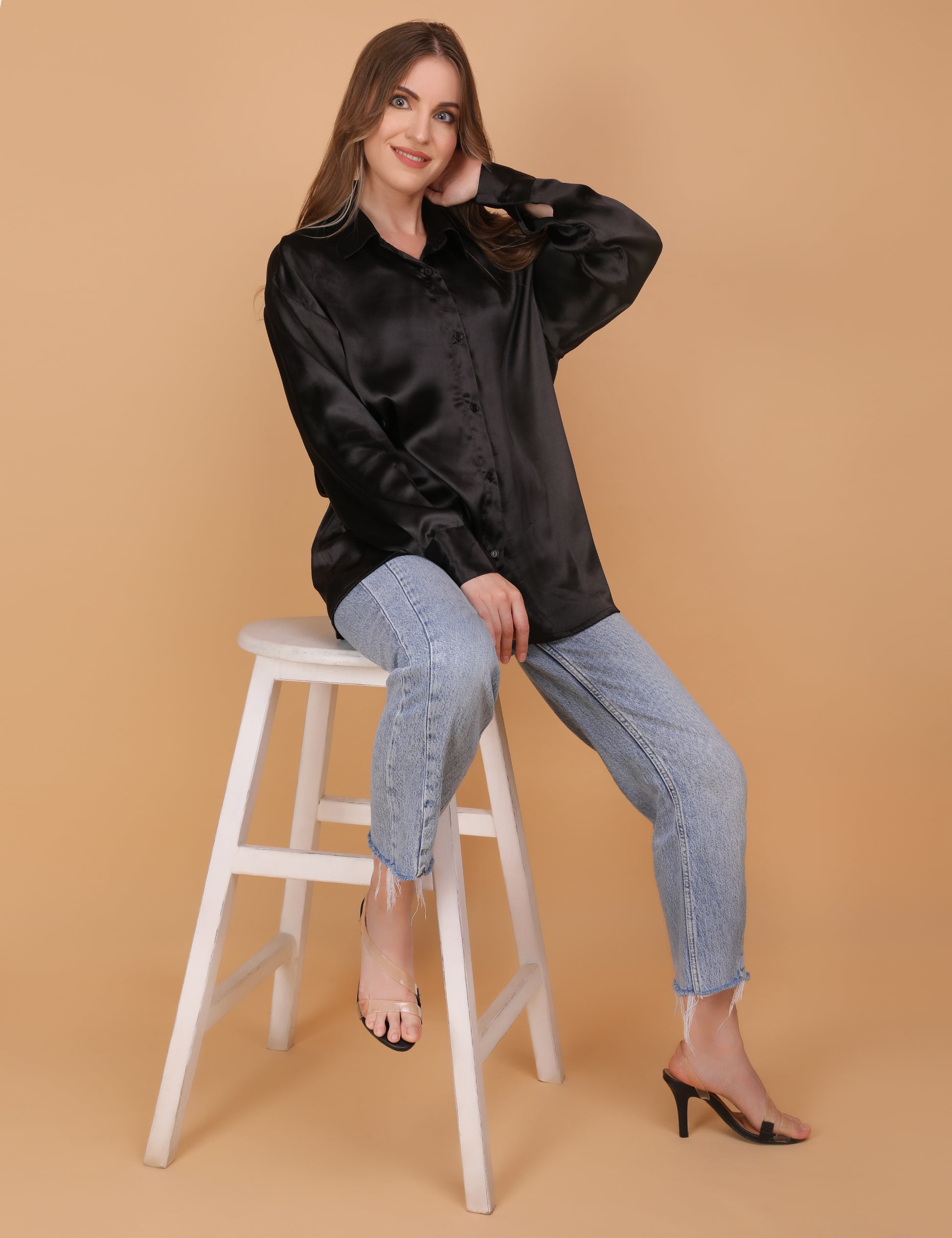 WOMEN BLACK OVERSIZED SATIN SHIRT