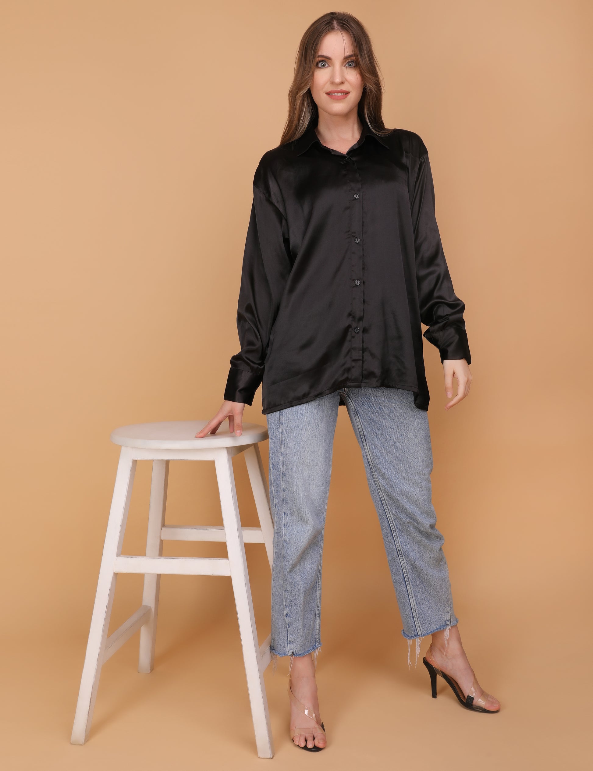 WOMEN BLACK OVERSIZED SATIN SHIRT