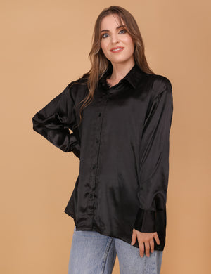 WOMEN BLACK OVERSIZED SATIN SHIRT