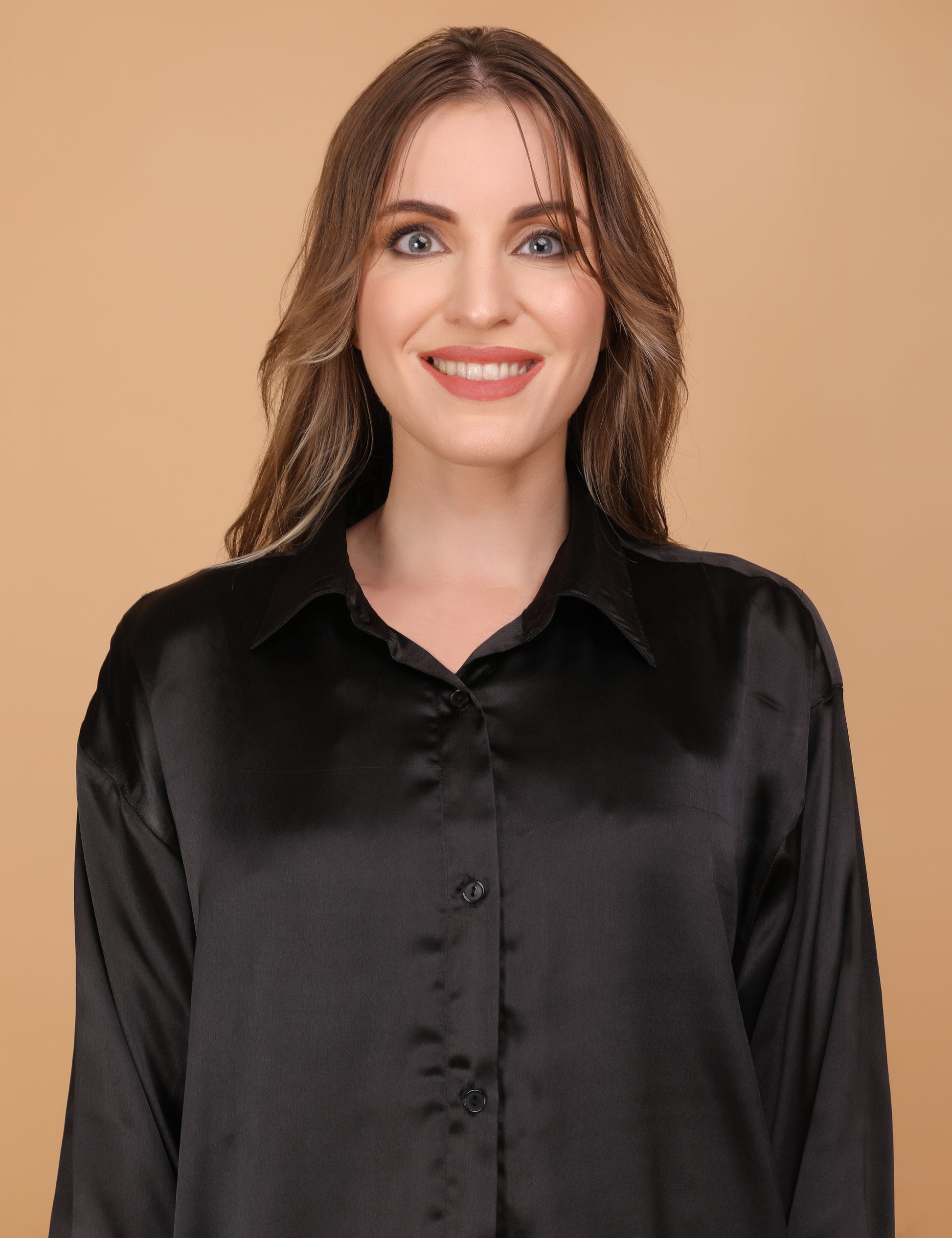 WOMEN BLACK OVERSIZED SATIN SHIRT