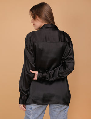 WOMEN BLACK OVERSIZED SATIN SHIRT