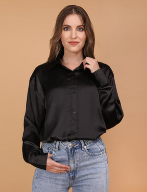 WOMEN BLACK OVERSIZED SATIN SHIRT