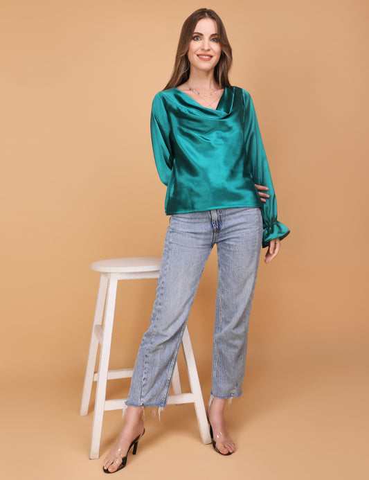 WOMEN TEAL COWL NECK TOP