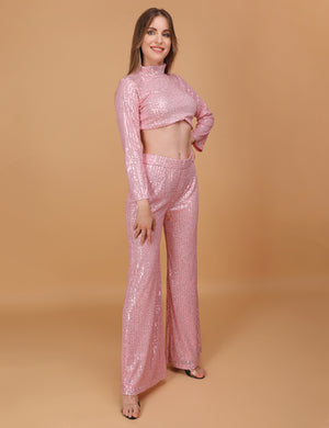 WOMEN PINK SEQUINNED FLARED TROUSER