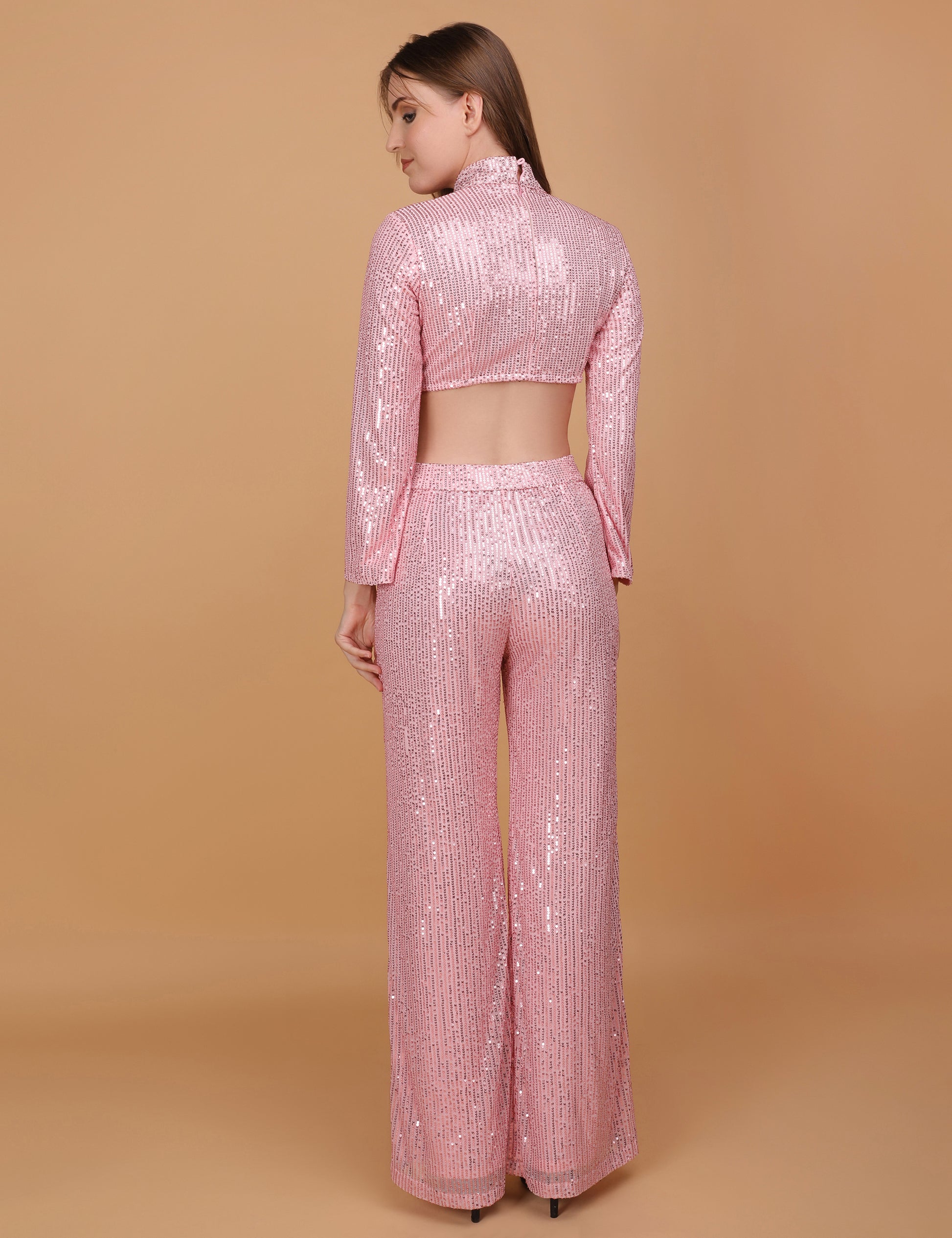 WOMEN PINK SEQUINNED FLARED TROUSER