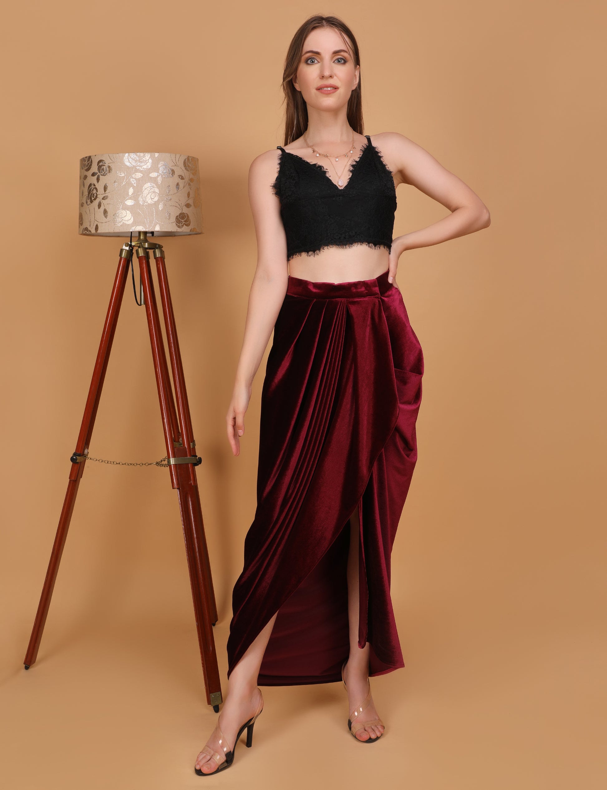 WOMEN MAROON VELVET DRAPED SKIRT