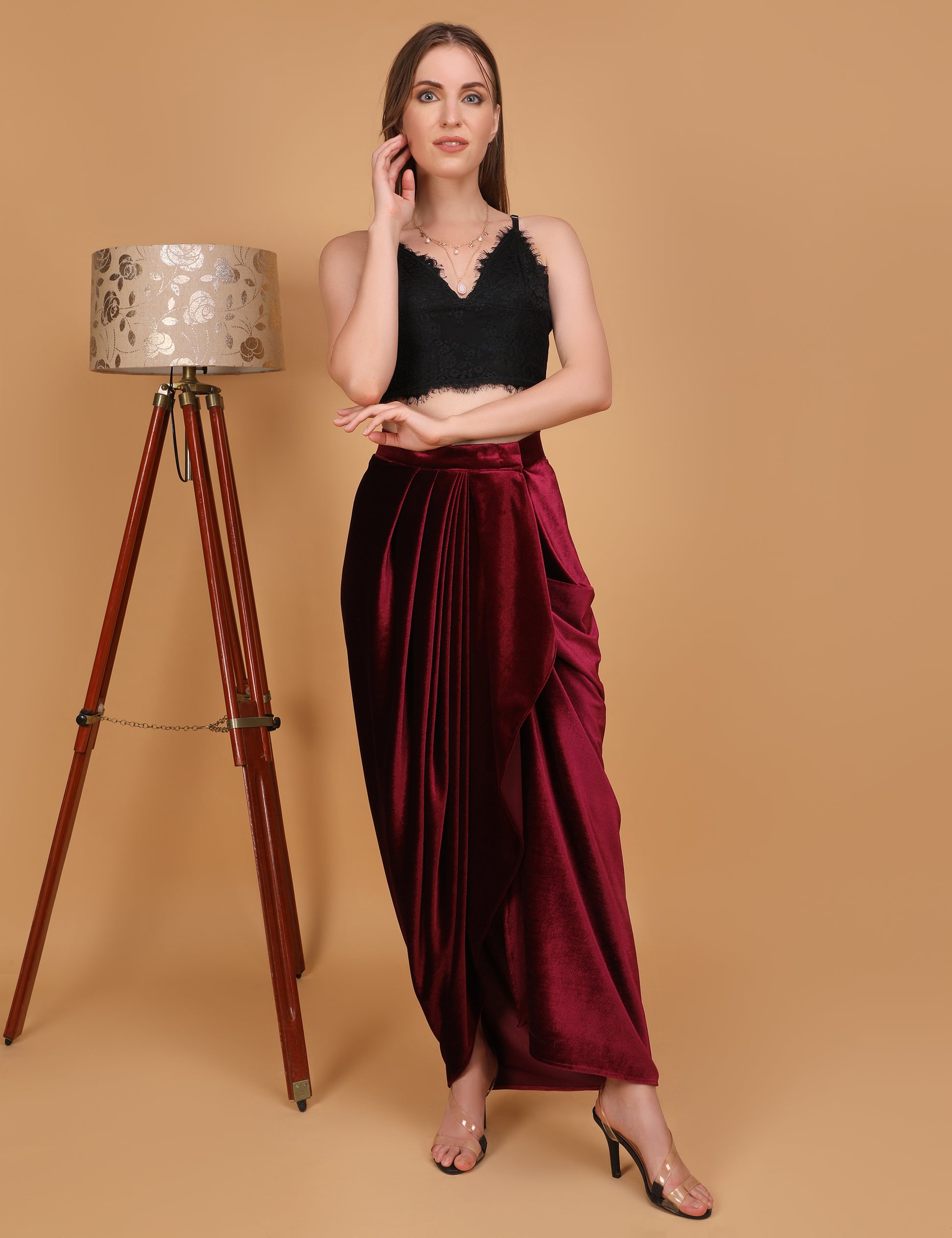 WOMEN MAROON VELVET DRAPED SKIRT