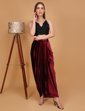 WOMEN MAROON VELVET DRAPED SKIRT