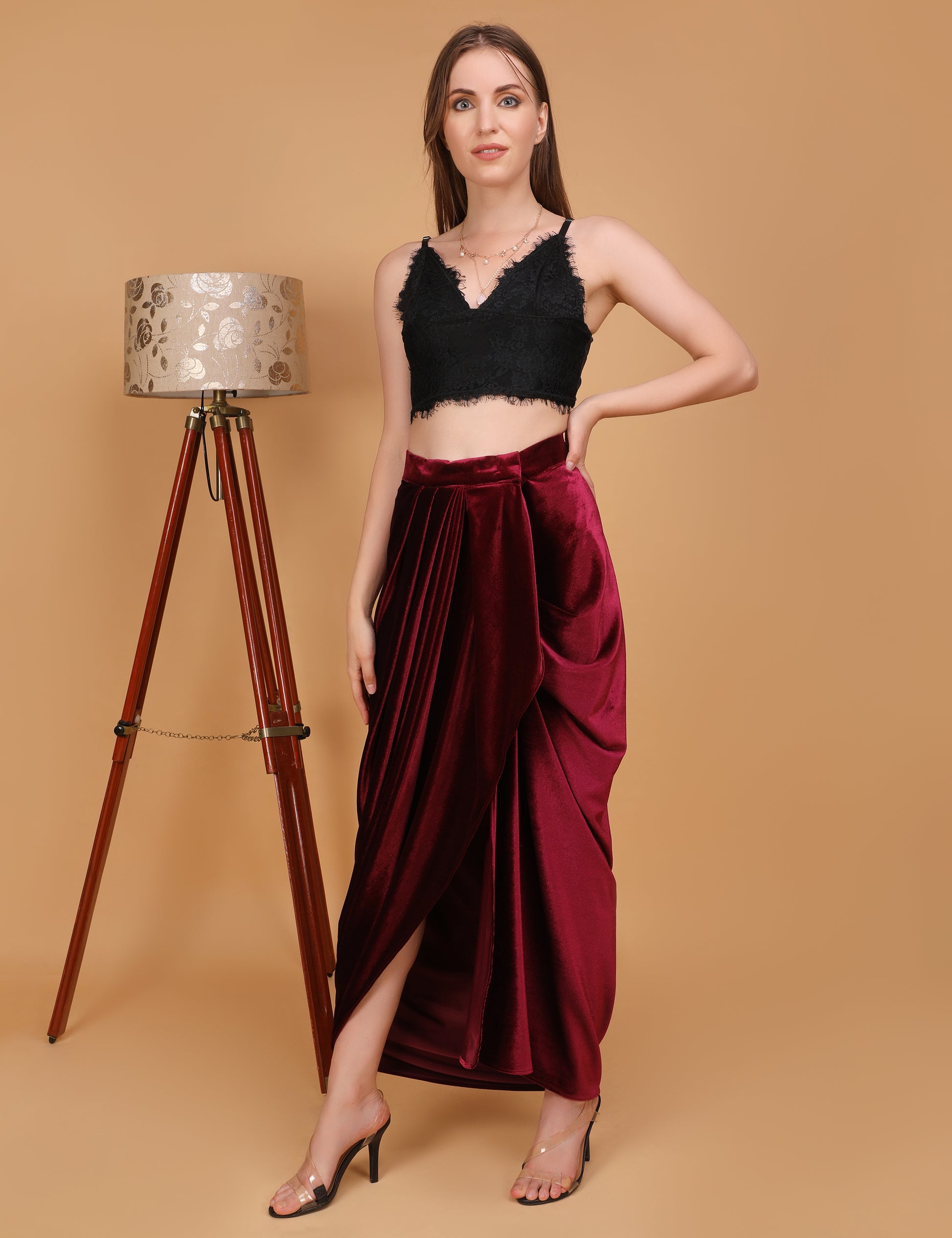 WOMEN MAROON VELVET DRAPED SKIRT