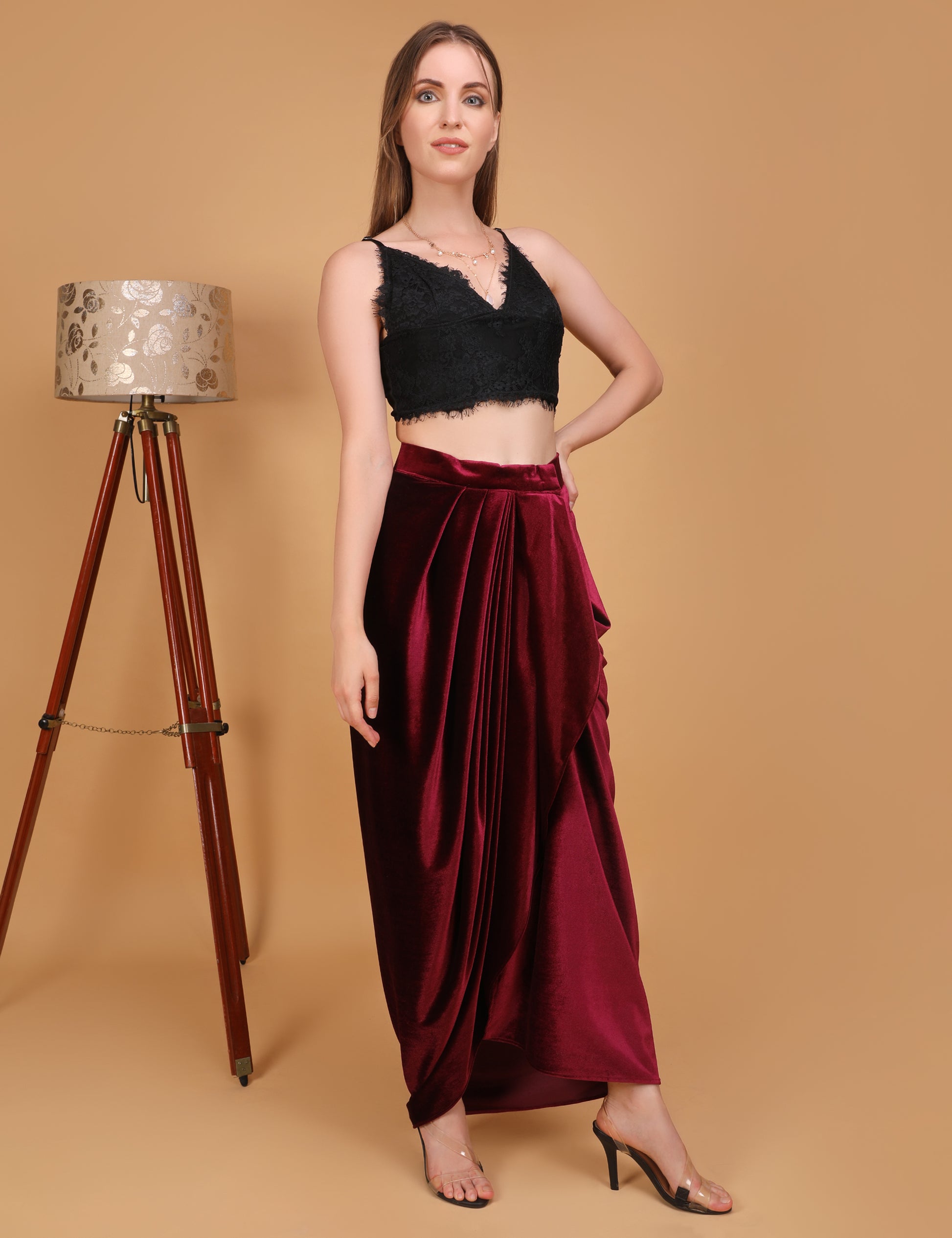 WOMEN MAROON VELVET DRAPED SKIRT