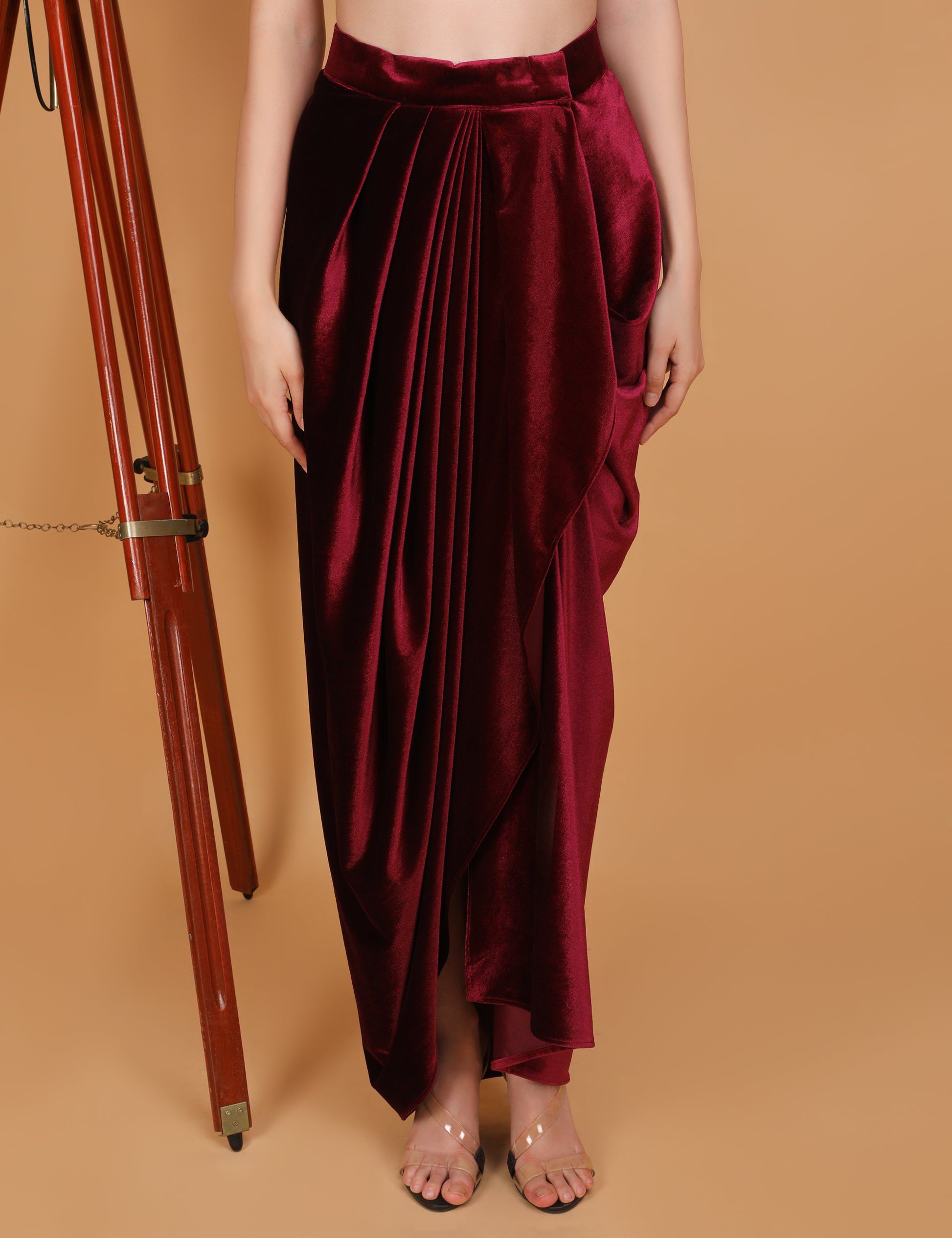 WOMEN MAROON VELVET DRAPED SKIRT