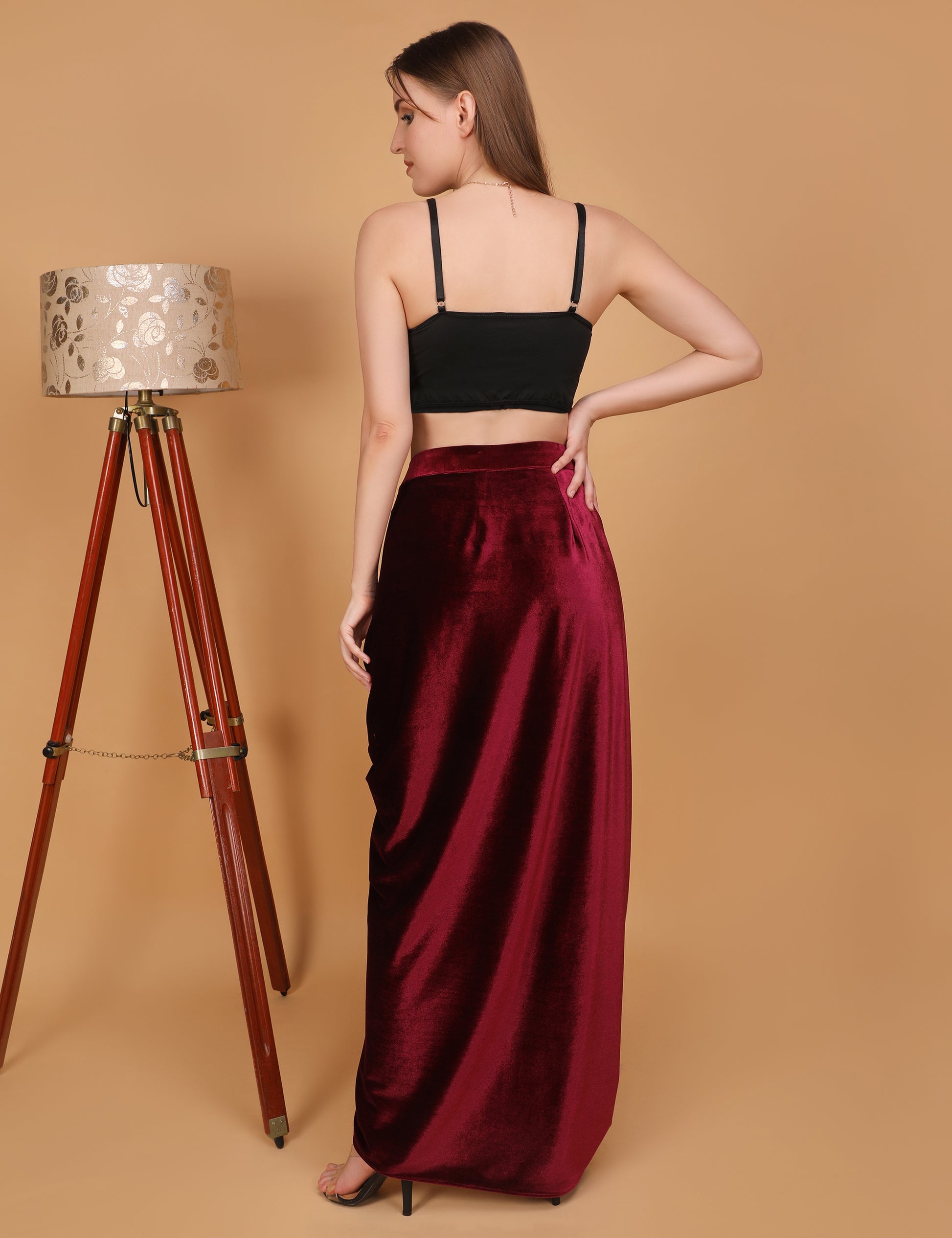 WOMEN MAROON VELVET DRAPED SKIRT